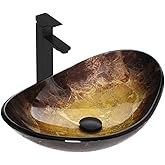 Bathroom Boat Shape Artistic Glass Vessel Sink, Gold | Black Faucet and Pop-up Drain Set