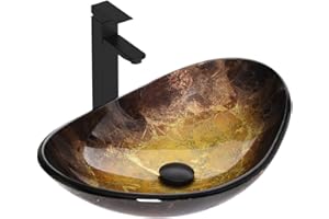 SOLIDEE Bathroom Boat Shape Artistic Glass Vessel Sink Free Black Faucet and Pop-up Drain Set, Gold