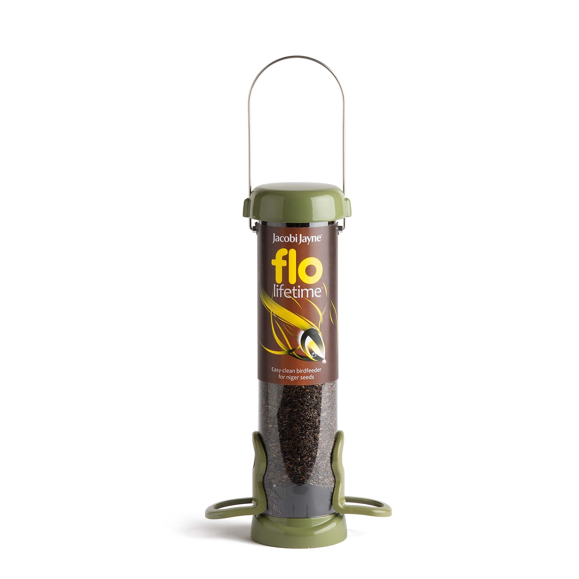 Small, heavy Duty Niger Garden Bird Seed Feeder - Jacobi Jayne® flo™ Lifetime Easy Clean Small Green Niger Garden Bird Feeders for wild and garden birds