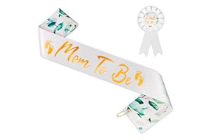 V TOWER Mom to Be Sash Baby Shower - Soft Satin Mommy to Be Sash for Baby Shower & Dad to Be Pin, Exquisite Sage Greenery Ornament & Gold Letters - Gender Reveal Decorations Neutral Colors for Boys & Girls