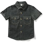 OCHENTA Boys' 100% Cotton Denim Shirt - Short Sleeve Button Down Western Top for Toddler to Big Boy Summer Casual Shirt