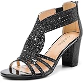 Gufobela Women's Rhinestone Sparkly Chunky Block Heel Sandals Open Toe Dressy Shoes with Zipper Closure for Wedding Prom Homecoming Hoco Formal Events