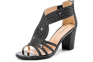 Gufobela Women's Rhinestone Sparkly Chunky Block Heel Sandals Open Toe Dressy Shoes with Zipper Closure for Wedding Prom Homecoming Hoco Formal Events