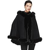 SUFCOMOU Poncho Hooded Shawl Wrap Women Cape Winter Faux Fur Trim Coat Sleeveless Cardigan Dressy Cloak for Party