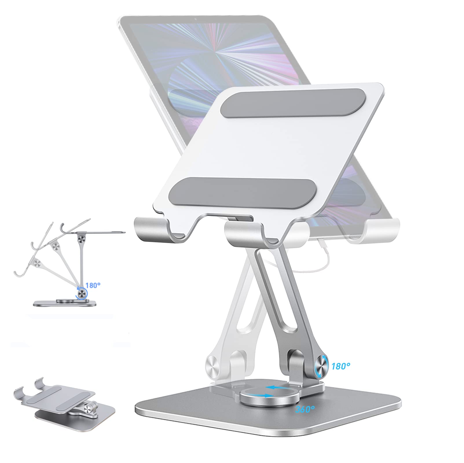 ULBRE Swivel Tablet Stand for Desk 360° Rotating, Foldable Aluminum Retail iPad Stand Holder Any iPad Pro Air Mini for Store POS Office Showcase Reception Kitchen Kiosk Desktop