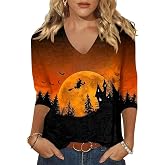 Fall Halloween 3/4 Sleeve V Neck Shirt for Women Funny Doodles Spooky Season Family Party Matching Casual Tops
