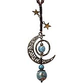 UEBB Vintage Bohemian Hippie Ceramic Beads Crescent Moon Lariat Necklace, Boho Hippie Statement Jewelry Gift for Women