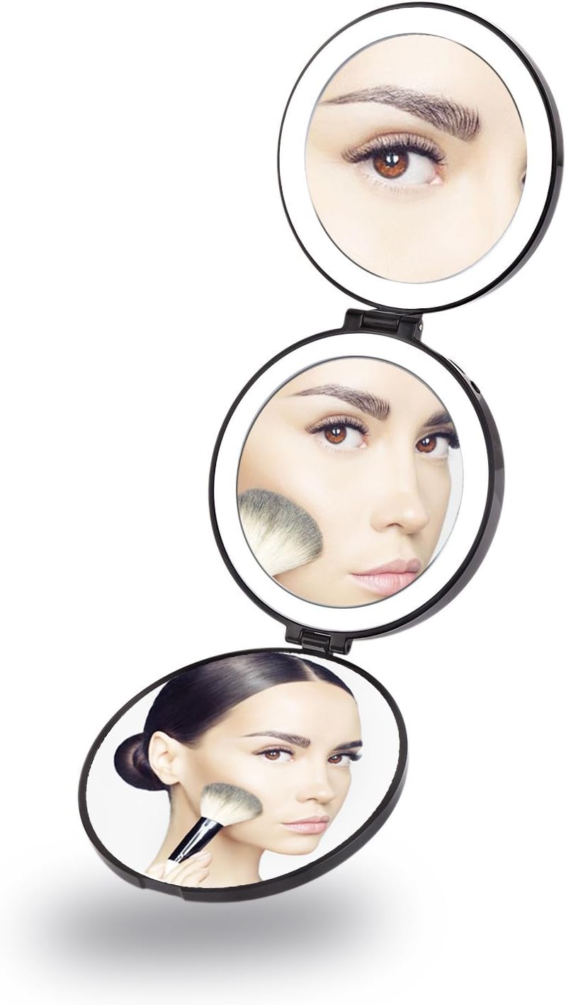 Travel Makeup Mirror with light, Butyface 1X, 5X and 7X Magnifying Mirror with Lights, Tri-fold Compact Vanity Mirrors Folding Travel Mirror with LED Lights,Valentine's Day gift.