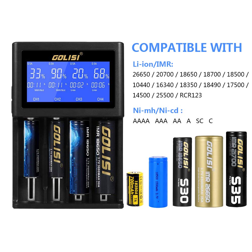 Golisi. Battery Charger for 26650 22650 18490 18350 17670 17500 16340 14500 10440 Li-ion Batteries,with Large LCD Screen, Universal Smart Speedy Wall Charger (4 slot)