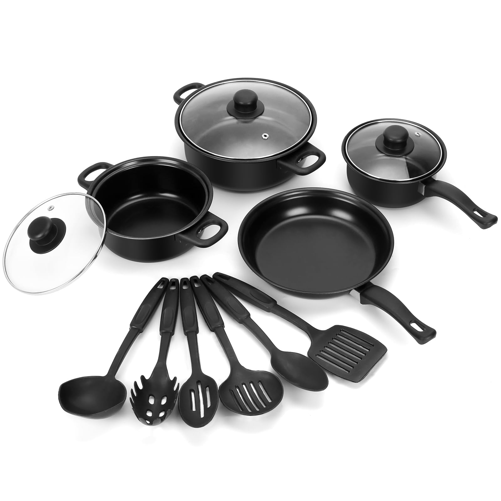 Photo 1 of Non-Stick Cookware Set, 13 Piece Set Portable Lightweight Cast Iron Pots and Pans with Glass Lids and Nylon Utensils for Outdoor Camping Picnic Travel