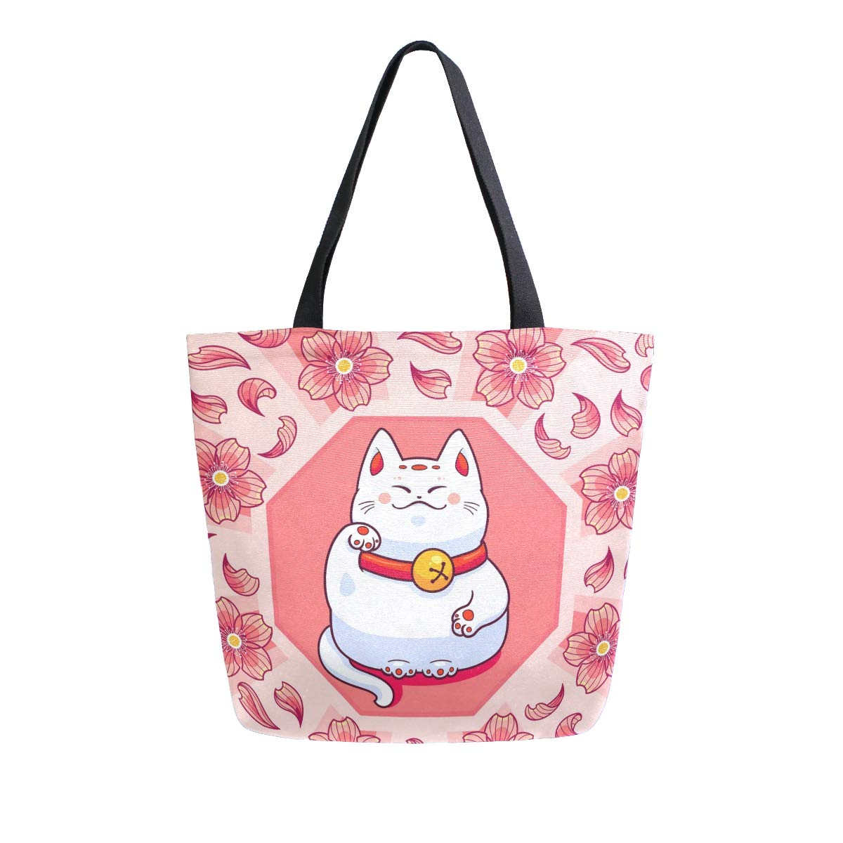 ZZXXB Maneki Neko Cherry Blossom Reusable Grocery Shopping Bag Heavy Duty Canvas Tote Bag Large Collapsible Washable Handbag Shoulder for Women