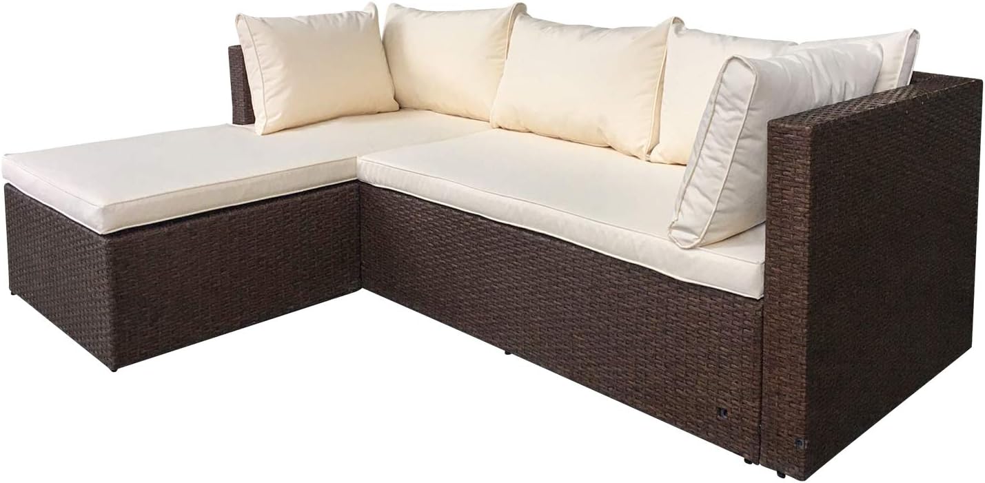  Basics Outdoor Reversible Chaise Wicker Rattan Sectional 3-Piece Set with Cushions and Ottoman, Brown : Garden & Outdoor