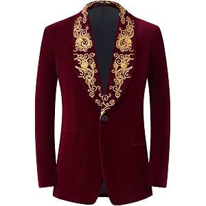 DAMANGUAN Men's Velvet Blazer, Gold Embroidered Suit Jacket, Black Tuxedo for Wedding Party Prom