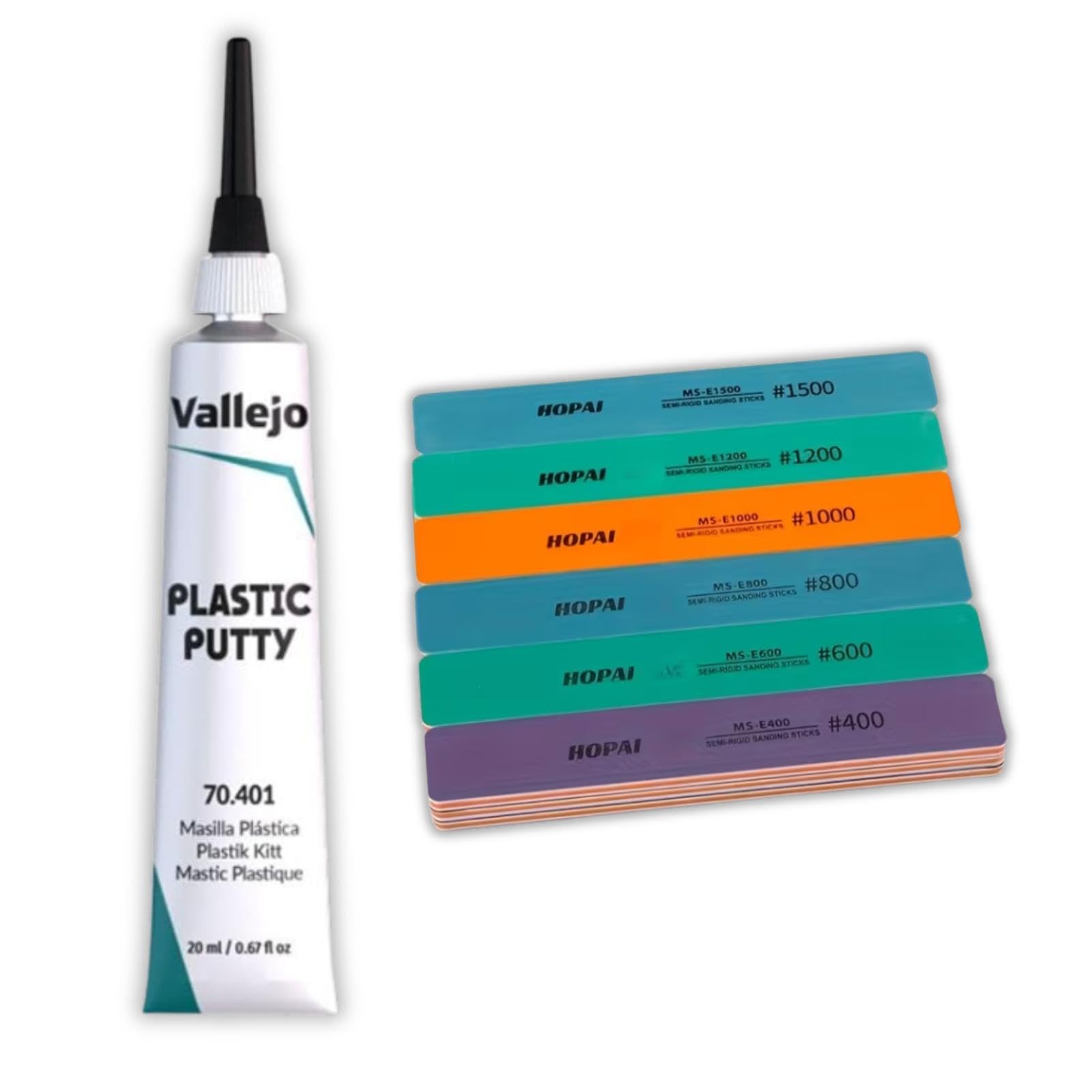 Vallejo Plastic Putty Modelling Set Bundled with Sanding Sticks, Plastic Filler Repair Kit for Scale Models, Miniatures, DIY Surface Finishing Putty Filler Tools