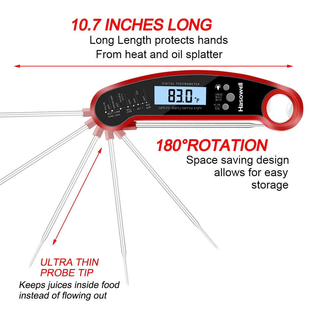 Hasowell Upgraded Food Thermometer Digital Meat Thermometer Probe Waterproof Cooking Thermometer Quick Instant Read Candy Thermometer with Backlit Magnet & Bottle Opener for Food Candy Milk Tea BBQ