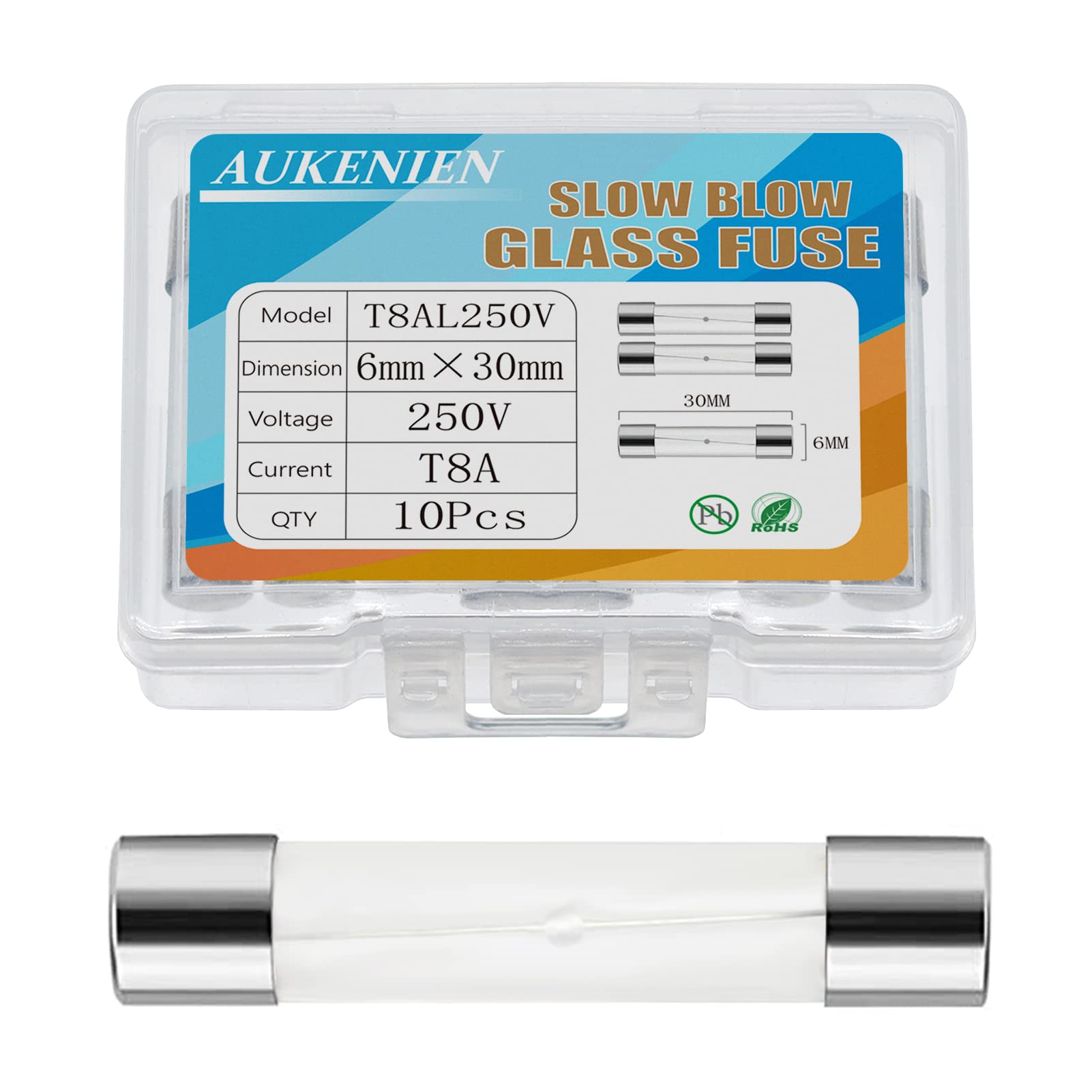 AUKENIEN T 8A 250V Slow Blow Glass Fuses T8AL T8AL250V 6x30 MM 8 Amp 250 Volt Cartridge Tube Time Delay Fuse, Multiple Values of Glass Fuse Optional (Pack of 10)