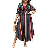 Nemidor Womens Casual Plus Size Summer Maxi Dresses Boho Print Flared Long Dress with Pocket 14-26