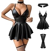 Todetana Dress Women Sexy Leather Skirt 3Pcs Set Mini Ladie Lingerie Fishnet Stocking Choker Evening Party