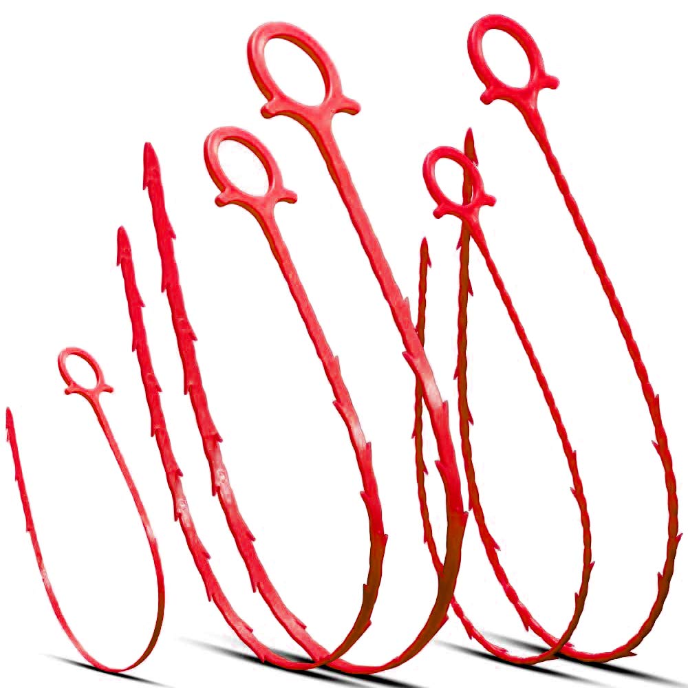 MUSMU 5 in 1 Drain Snake Hair Drain with 5 Packs Drain Auger Clog Remover Cleaning Tool (Red)