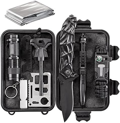 Emergency Survival Kit 10 in 1 - Outdoor Survival Gear - Folding Knife, Paracord Bracelet, Emergency Blanket, Fire Starter, Flashlight, Whistle, Tactical Pen etc - Camping, Hiking, Survival Trips