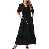 Seta T Women's Maxi Dress V Neck Half Sleeve Drawstring Waisted Slit Summer Long Dresses with Pockets