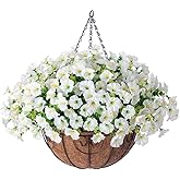 Artificial Fake Hanging Flowers Plants Baskets Spring Outdoor Decor, Outdoor Faux Silk White Morning Glory Eucalyptus in Planter UV Resistant Realistic for Outside Porch Patio Balcony Garden Yard Home