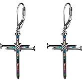 AXOMY Nail Cross Earrings 925 Sterling Silver Black Cross Abalone Shell Leverback Dangle Drop Earrings Christian Religious Jewelry Gift for Women Men