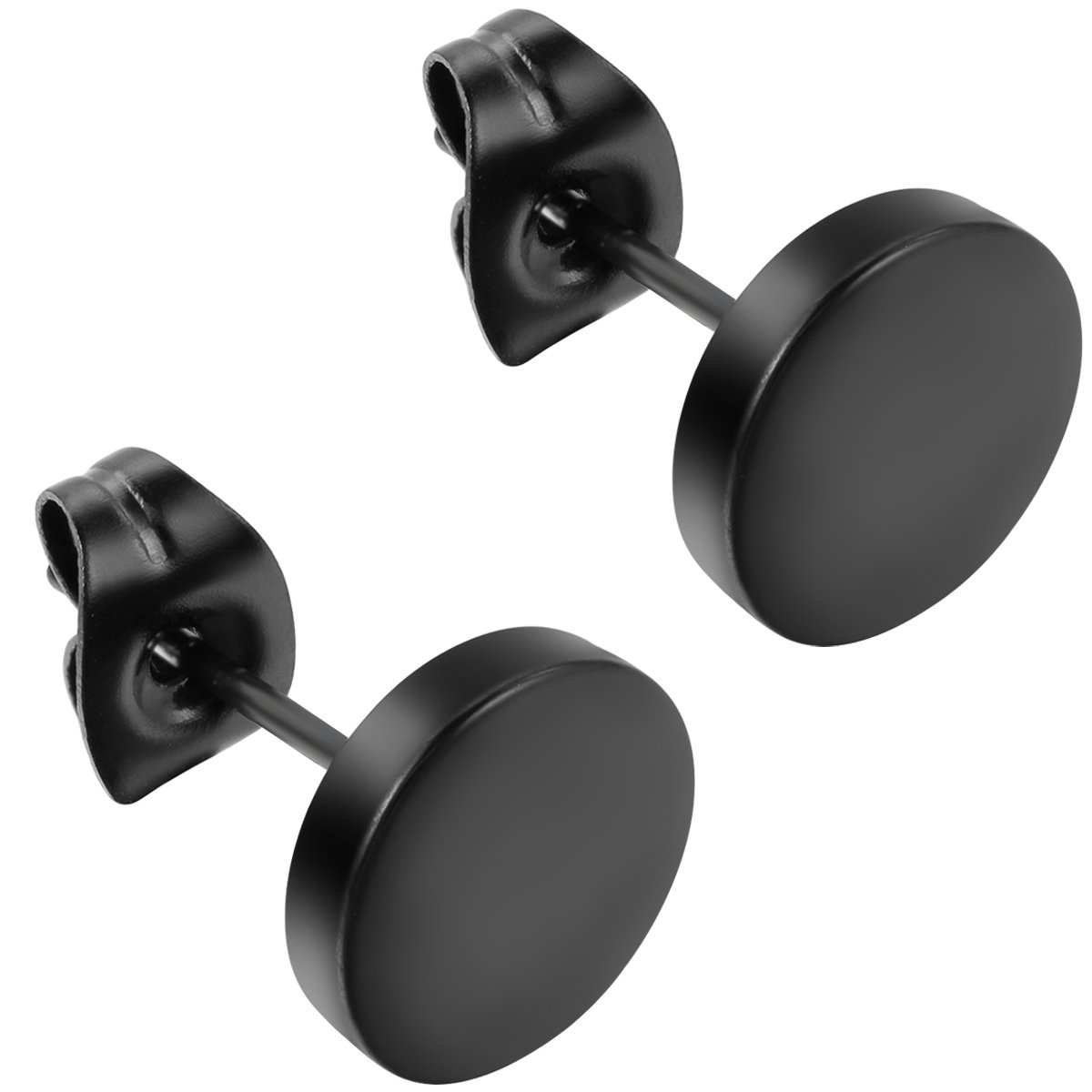 JewelryWe Pair of Mens Womens Stainless Steel Unisex Illusion Round Tunnel Plug Post Stud Earrings 2pcs, Black (8mm)