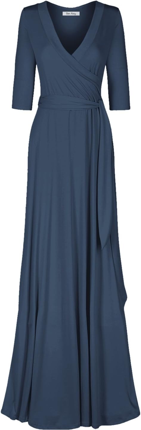 Women's #MadeInUSA 3/4 Sleeve V-Neck Solid Maxi Wrap Dress Plus