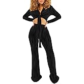 Women's Sexy 2 Piece Outfits Long Sleeve Button Down T-Shirt Blouses Crop Tops Long Pants Floral Print Tracksuits Sets