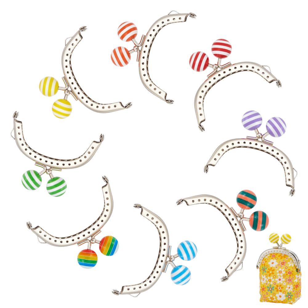 PH PandaHall 8 Colours Metal Purse Frame, Purse Frame Handle Metal Bag Frames Kiss Clasp Locks with Striped Resin Beads for Summer Bag Coin Purse DIY Sewing Craft Bags Lipstick Bags Making,6.3x8cm