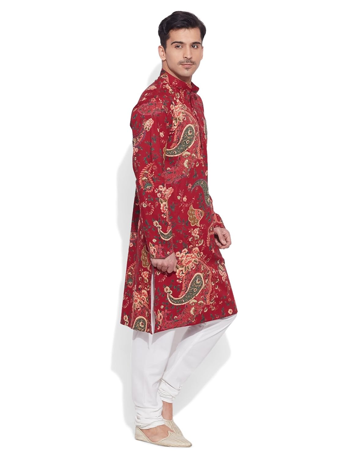 very me men's designer maroon pure cotton printed long kurta