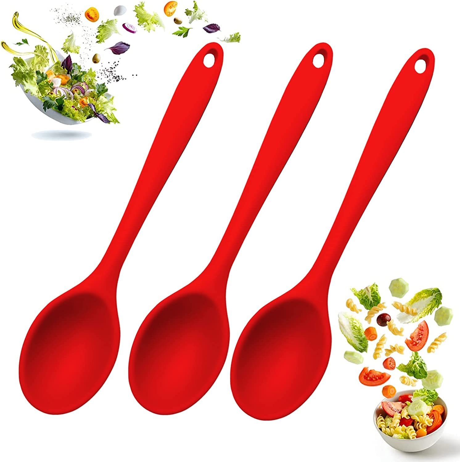 Mixing Spoons Set of 3, Silicone Spoons for Cooking, Serving Spoons Silicone, Cooking Spoons 10.6", Cooking Spoon Nonstick, Resistant to 250℃ (Red)