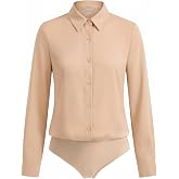 MANGOPOP Women's Long Sleeve Button Down Bodysuit Collared Blouse | Business Casual bodysuits, Collared body suit tops, Professional, Formal Teacher Outfits, Funeral, Office Interview Clothing