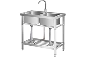 33"X18"X30" Stainless Steel Utility Sink, Freestanding Double Bowl with Faucet & Undershelf, Commercial Kitchen Sink for Rest
