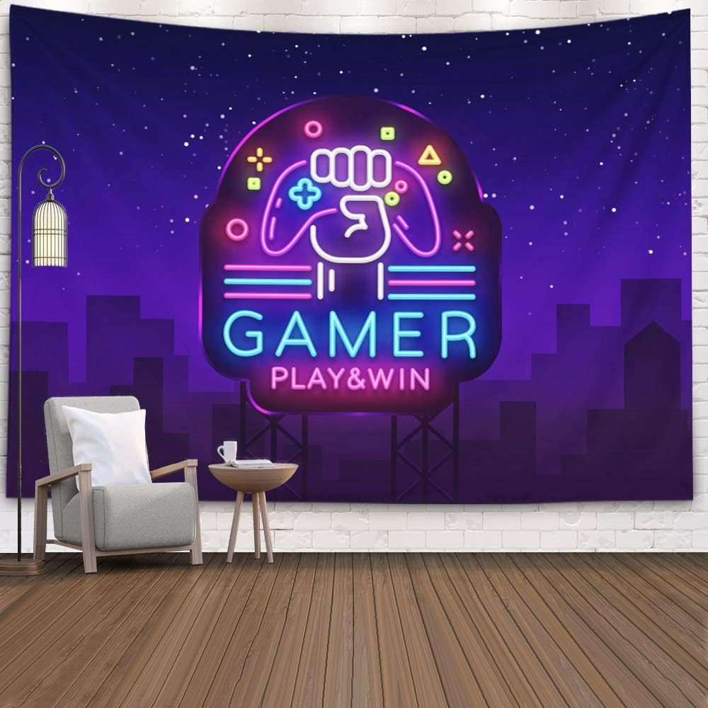 Tapestry Wall Hanging, Gamer Play Win Logo Nesign Logo Template Game Night Logo in Nesty Tapestry 60X50 Inches Wall Art Tapestries Hanging for Dorm Room Living Home Decorative,Purple Black-8