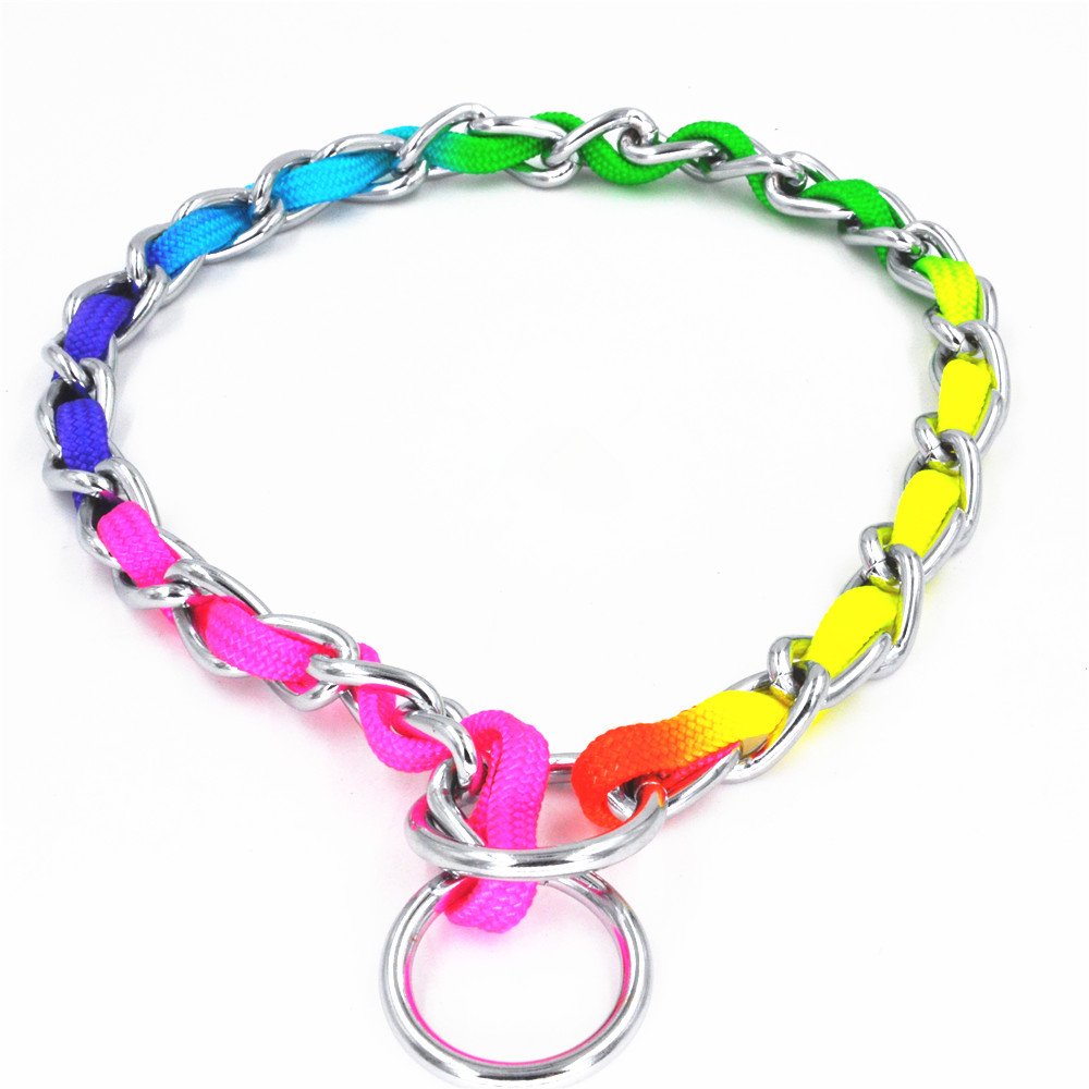 JWPCEU Rainbow Color Stainless Steel P Chock Metal Chain Training Dog Pet Collars Necklace Walking Training Pet Supplies for Small, Medium Dogs,L