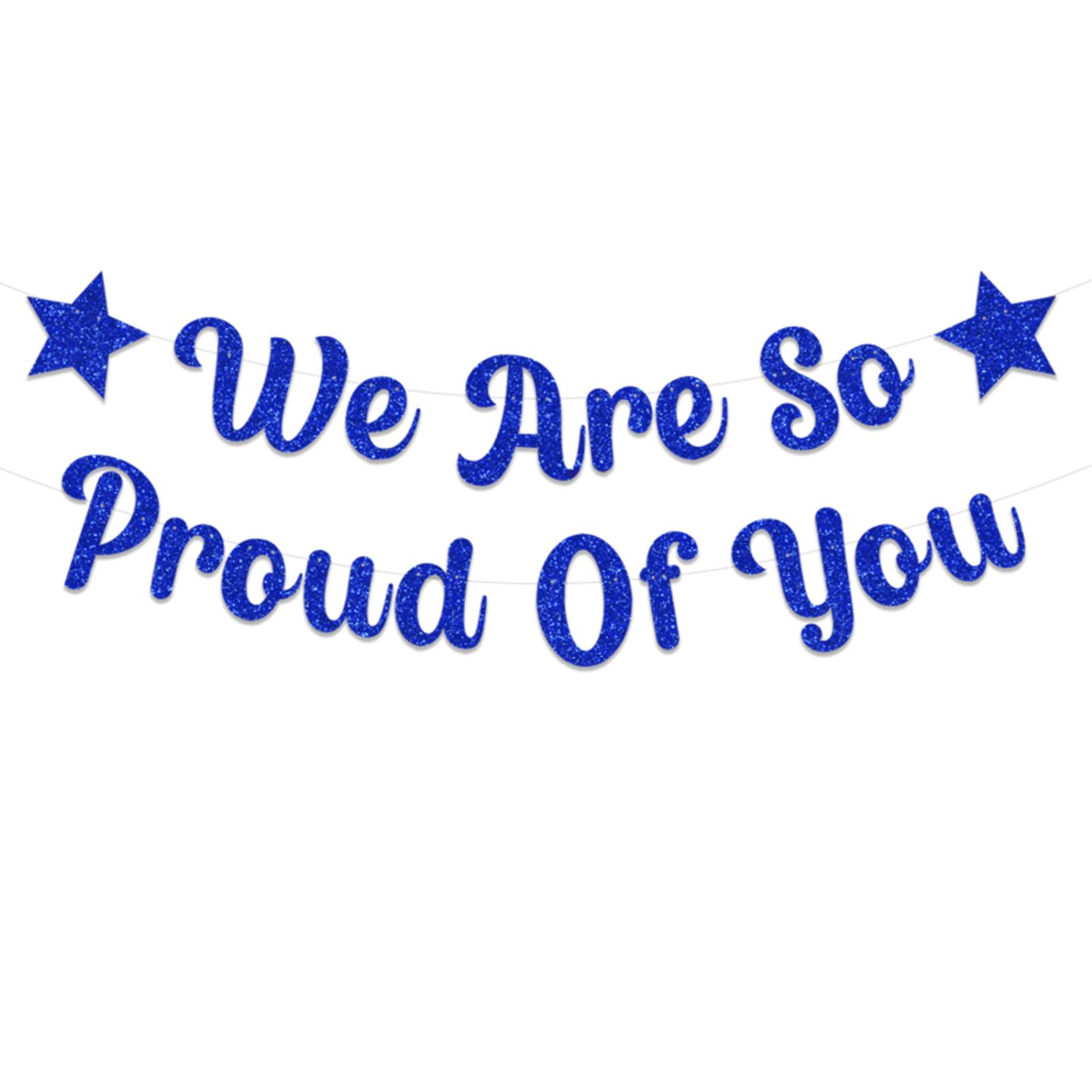 bng-bng We Are So Proud Of You Bunting Banner Blue Glittery Graduation Congratulations Decoration Hanging Garland for Graduation Retirement Grad Party Decor Supplies (Pre-strung) Blue
