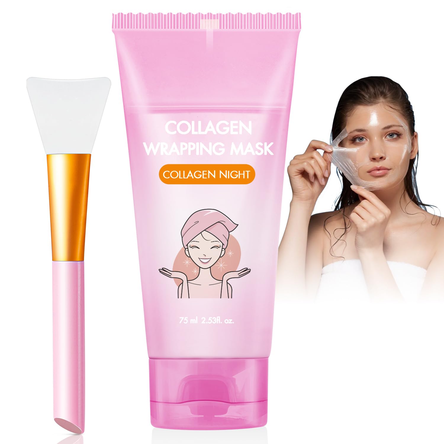 Photo 1 of Josmon Collagen Night Wrapping Mask for Glowing Skin, Collagen Overnight Wrapping Peel Off Facial Mask for Elasticity Hydration, Reduce Sagging Dullness, 2.53 fl.oz, Pink(Brush Included)