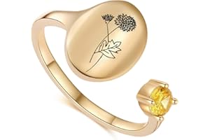 SLOONG Handmade Birth Month Flower Signet Ring 14K Gold Plated Ring Birth Stone Ring Birthday Valentine's Christmas Gift for Mom Daughter Girlfriend Wife