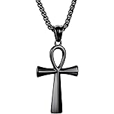 Ankh Cross Necklace, Key of Life Pendant with 24 Inch or 22+2 Inch Chain, Ancient Egyptian Coptic Cross Religious Jewelry, Powerful Protection Amulet for Men & Women, Stainless Steel Silver/Black/Gold