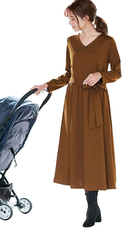 Amazon Co Jp Angeliebe エンジェリーベ マタニティ 授乳口付 ベルト付き ポンチ マキシ ワンピース 産前産後 授乳服 長袖 Vネック 裏地付き S M ブラウン 服 ファッション小物