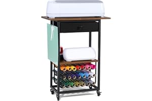 HIDODO Organization and Storage Craft Cart Compatible with Cricut Machines, Crafting Table Workstation with Wheels, Rolling Craft Organizer with 21 Vinyl Roll Holders and Drawer, Black