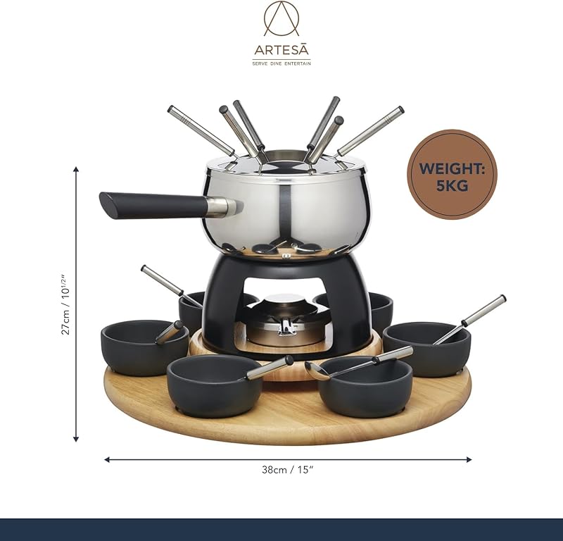 Artesà Set per Fonduta con Piatto Girevole Lazy Susan, Pentola per Fonduta in Acciaio Inossidabile con Bruciatore, Pentole per Tuffi e Utensili, Set di 22 Pezzi, Nero
