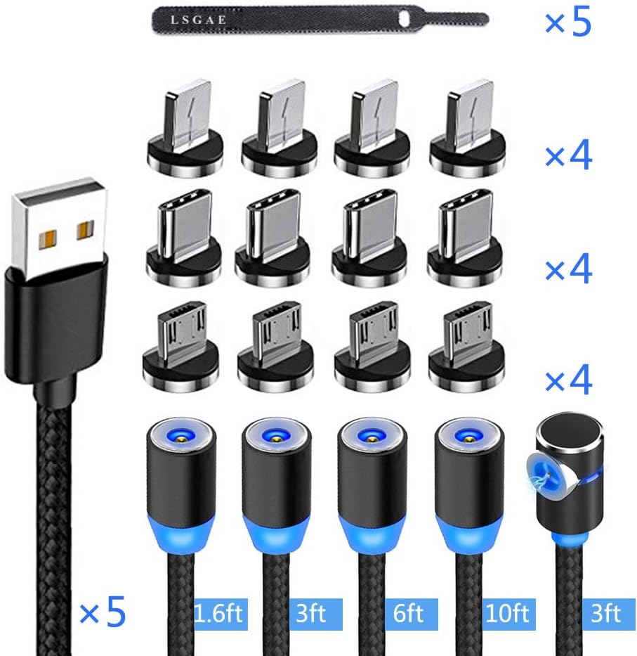 3 in 1 Magnetic Charging Cable, (5-Pack,1.5ft/3ft/3ft/6ft/10ft), Compatible with Mirco USB, Type C Smartphone and iProduct Device (Black)