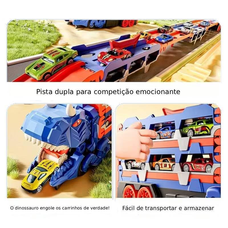 Caminhão Dinossauro 3 em 1 com Pista Dupla Dinossauro Brinquedo que Engole Carrinhos e Vira Pista de Corrida, Acompanha 4 Carrinhos de Metal, Ideal para Aniversário, Natal e Dia das Crianças