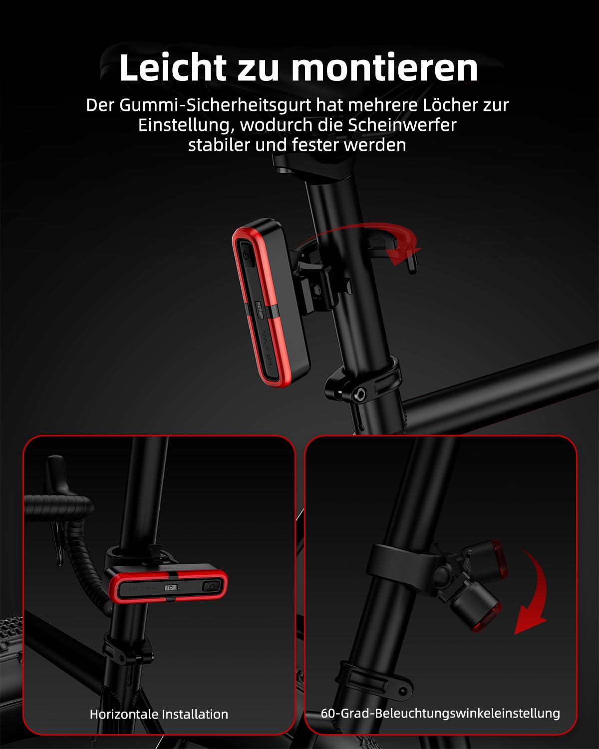 OnMeto Fahrrad Rücklicht, Led Rücklicht Fahrrad USB Type-C Wiederaufladbares Fahrradlicht hinten Rücklicht Ebike IPX5 Wasserdicht für Rennrad, MTB, E-Bike (Schwarz) 5