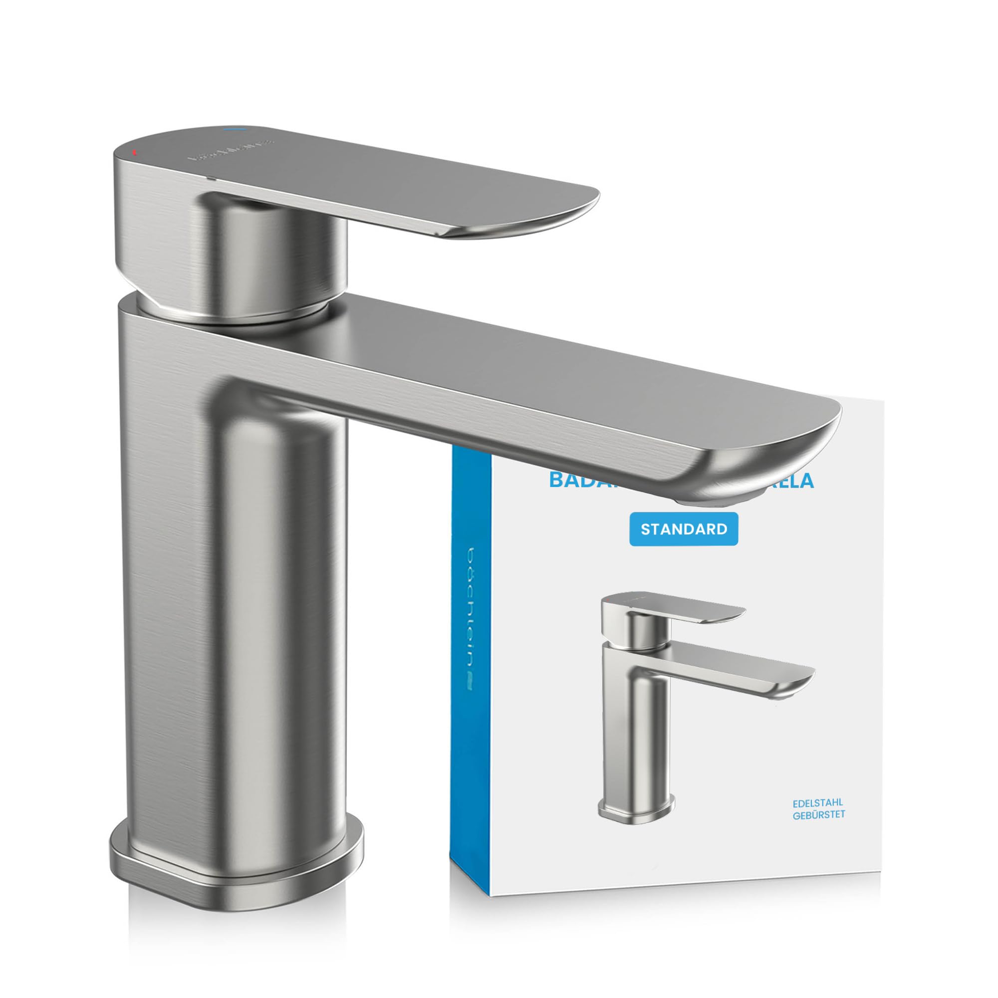 Bächlein Mizarela Classic Design Bathroom Faucet Single Lever Mixer Tap with Durable Ceramic Cartridge and Mounting Kit, Brushed Stainless Steel Bathroom Faucet - Spout