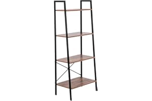 Karl home 4-Tier Ladder Shelf, Industrial Storage Rack Shelves with Black Frame, Wooden Leaning Bookshelf for Living Room, Bedroom, Kitchen, Bathroom, Office, Rustic Brown(22.05"L x 12.8"W x 57.48"H)