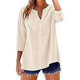 LOMON Womens 3/4 Sleeve Button Down Shirts Cotton Linen Roll Up Short Sleeve Tops V Neck Casual Loose Fit Blouses
